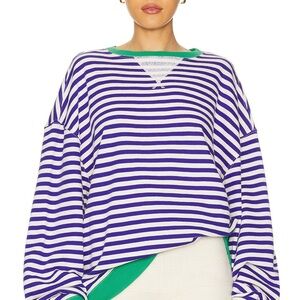 We The Free Purple & White Striped Crewneck Sweatshirt with Green Trim